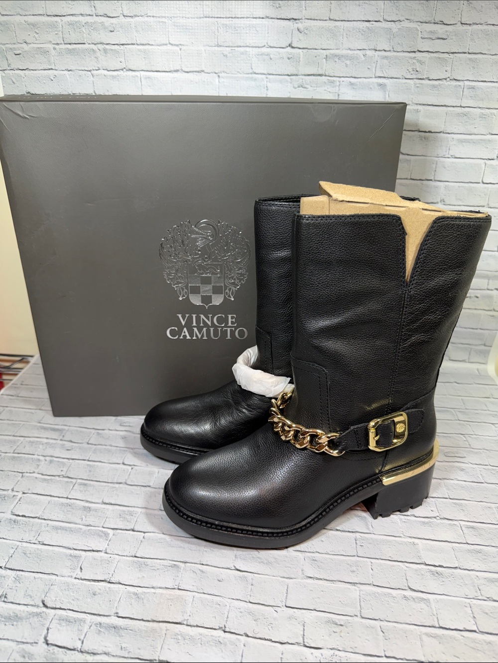 Vince Camuto ‘Keshilla’ Black Leather Mid-Calf Boots with Gold Chain and Buckle